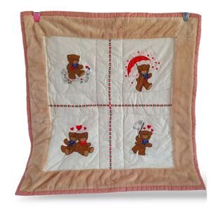 Baby Crib / Doll Luv Bears Vintage Block Quilt 20" Square Brown Red White Teddy